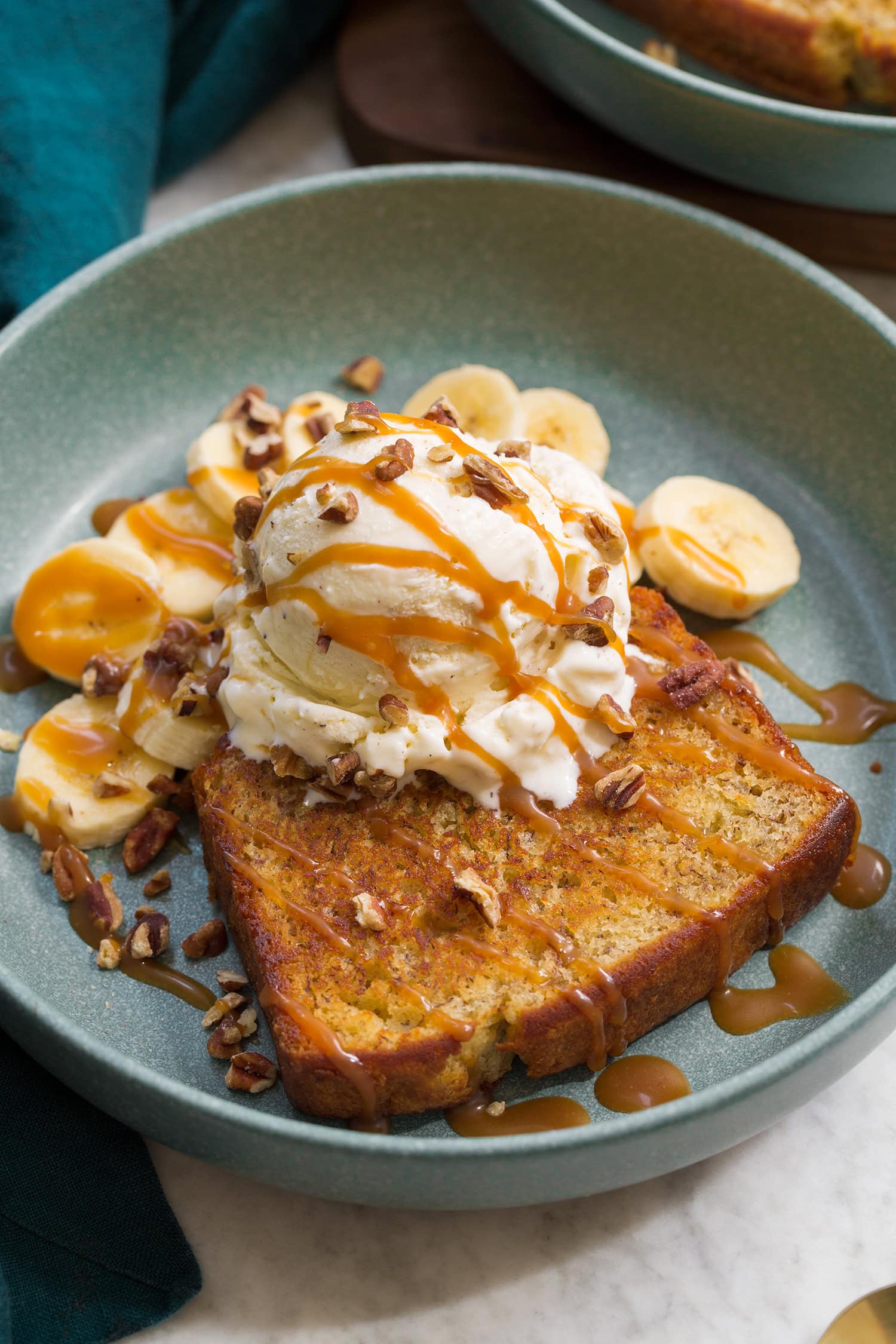 Banana Bread Sundae with Caramel Sauce and Toasted Pecans