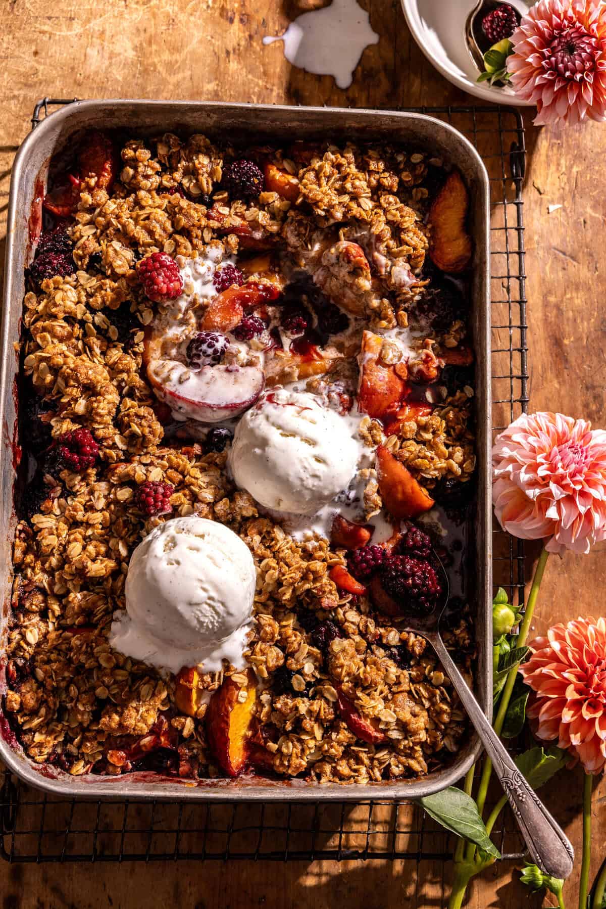Brown Sugar Caramel Blackberry Peach Crisp with Double Crumble