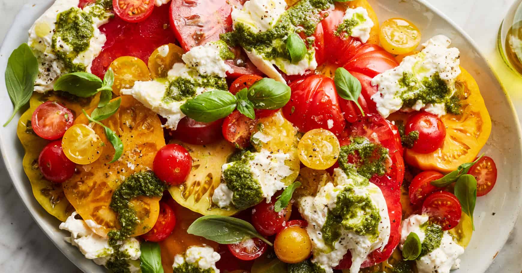 Burrata Salad with Tomatoes, Pesto, and Fresh Herbs