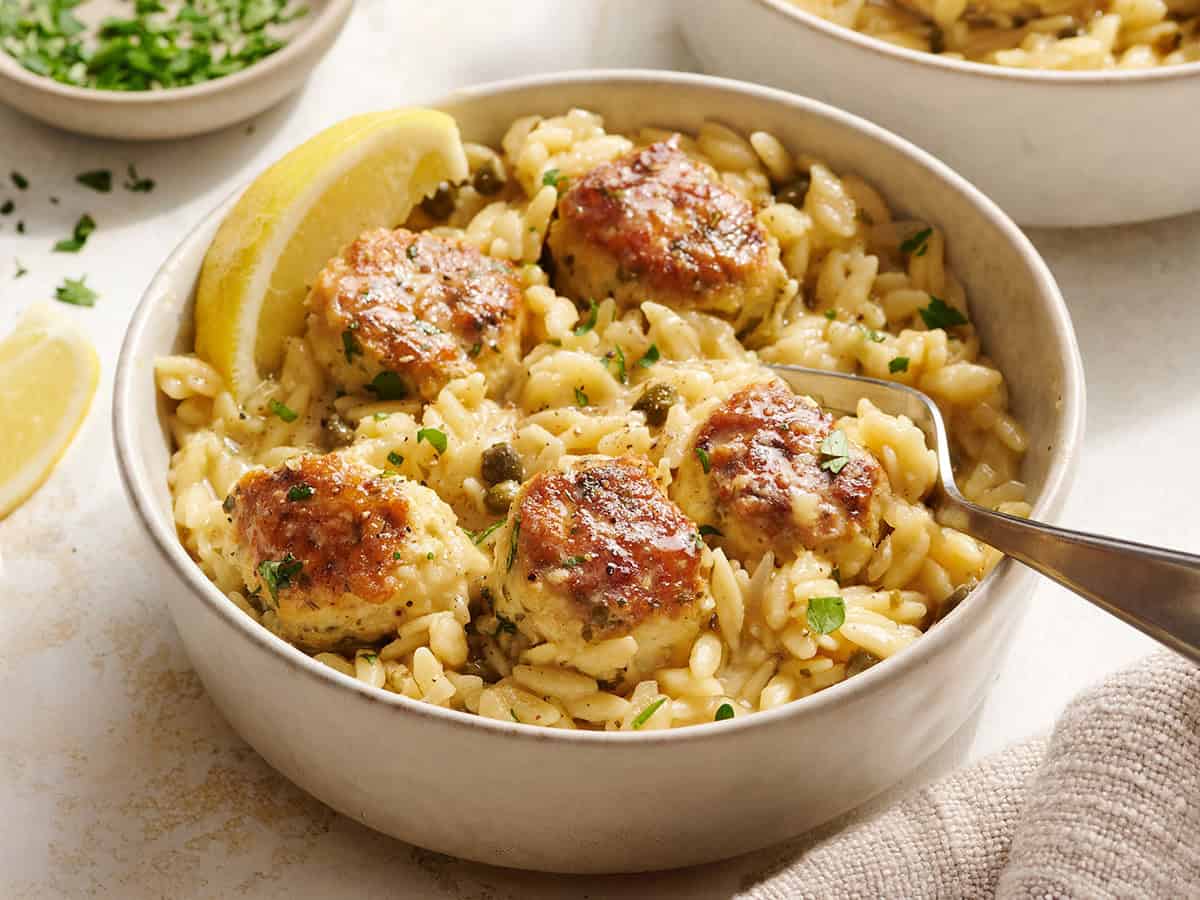 Chicken Piccata Meatballs and Orzo Skillet