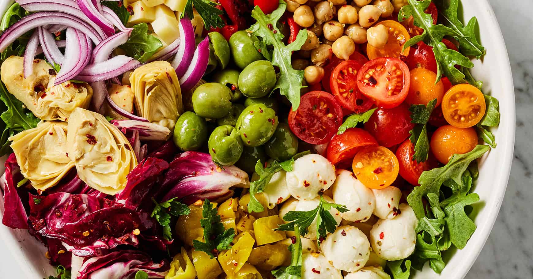 Italian Antipasto Salad with Marinated Vegetables and Two Cheeses