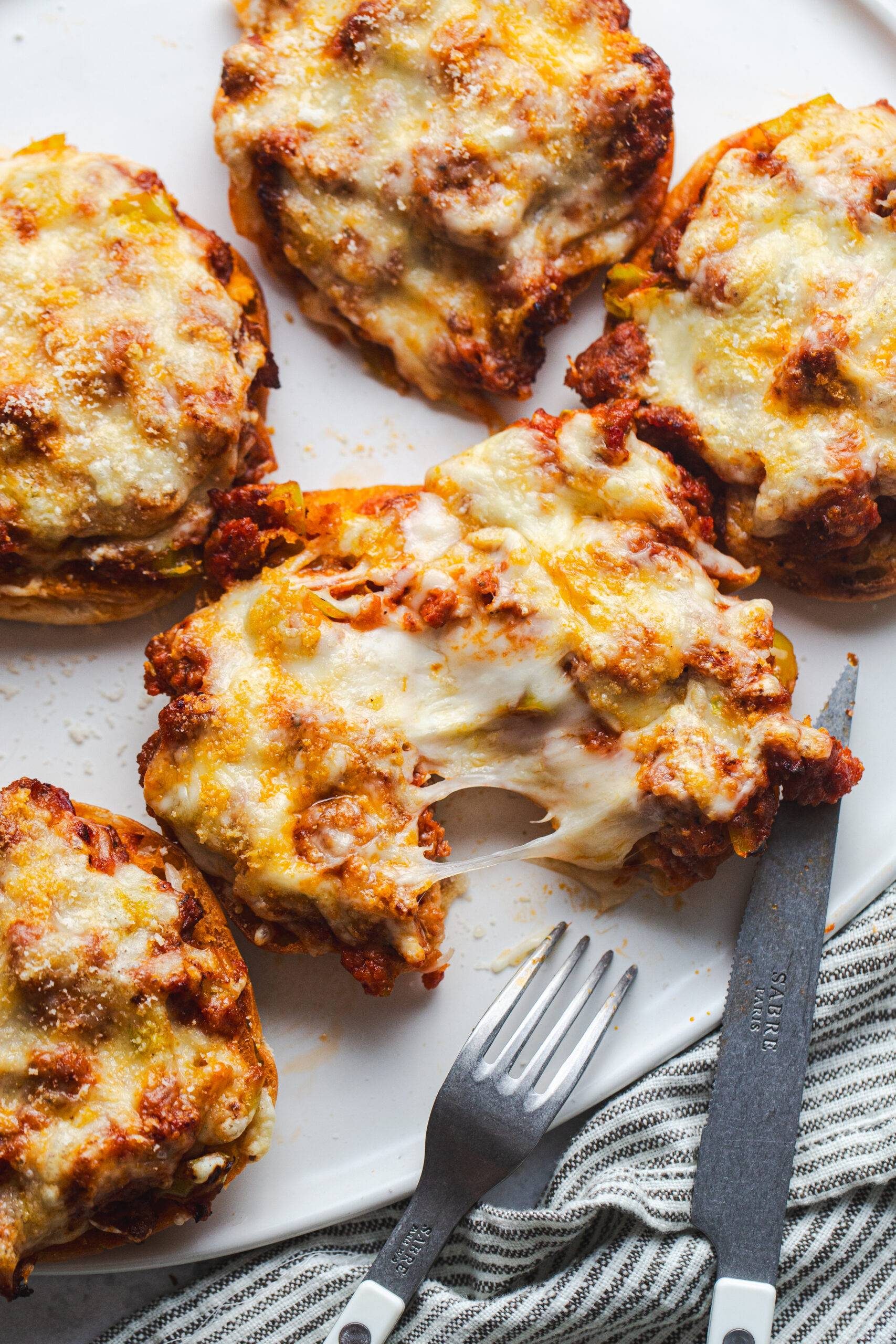 Pizza Burgers on English Muffins with Garlic Butter