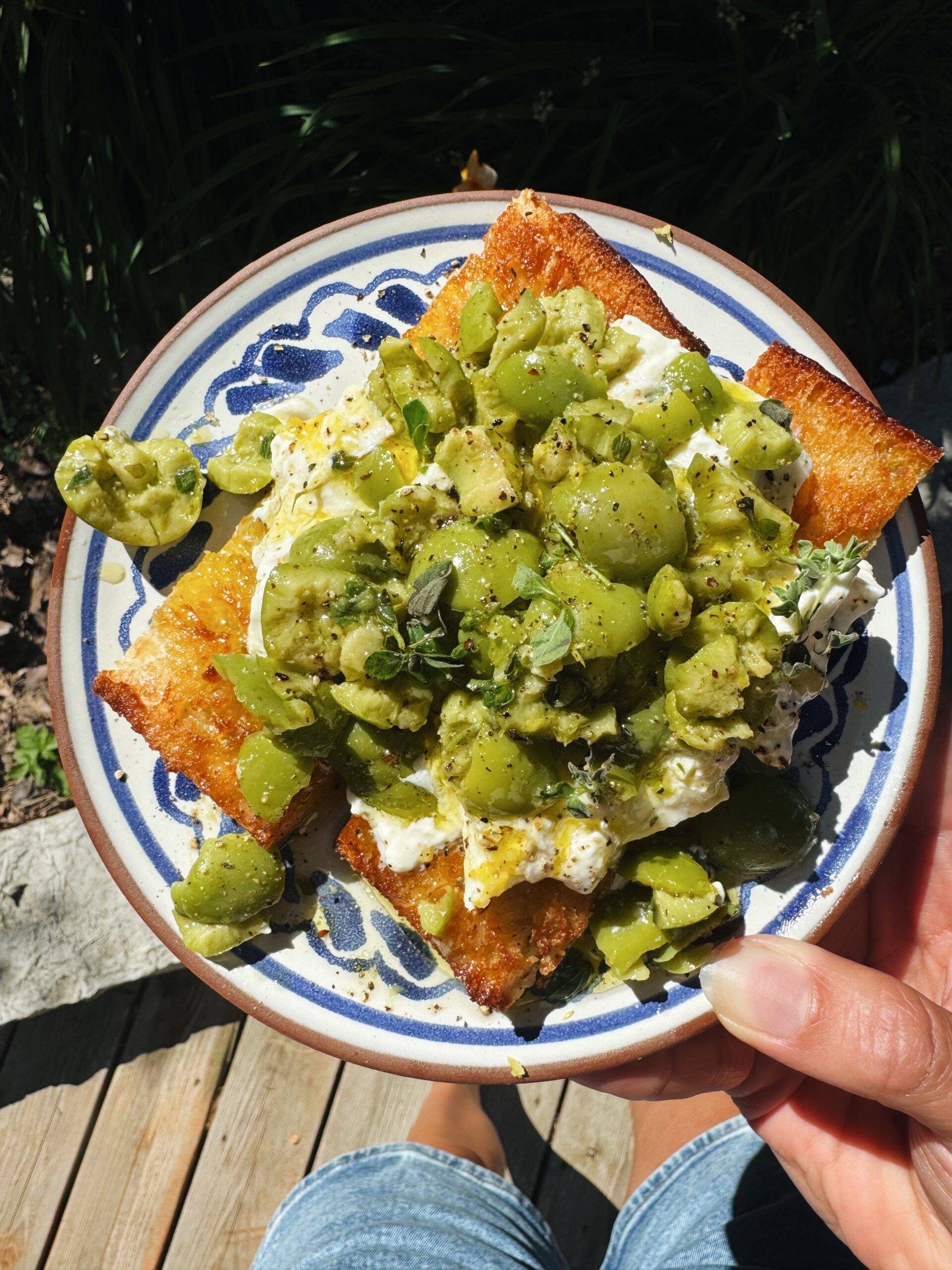 Smashed Olives with Burrata and Fried Bread